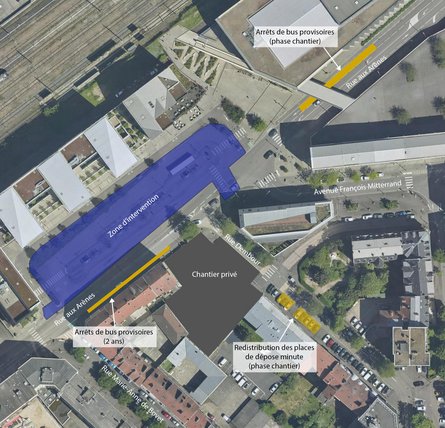 Plan de la zone d'intervention en phase de chantier . Places de déposes minutes rue Dembour durant les travaux. Une signalisation spécifique sera mise en œuvre pour guider les automobilistes.