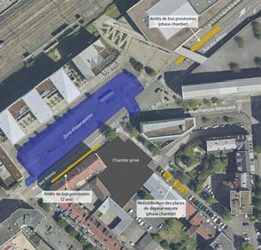 Plan de la zone d'intervention en phase de chantier . Places de déposes minutes rue Dembour durant les travaux. Une signalisation spécifique sera mise en œuvre pour guider les automobilistes.