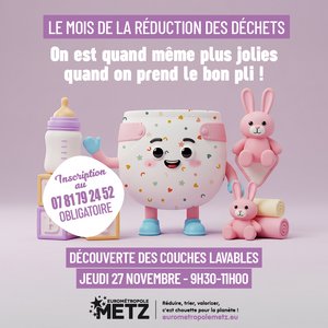 Affiche de l'atelier découverte des couches lavables du jeudi 27 novembre dans le cadre du mois de la réduction des déchets