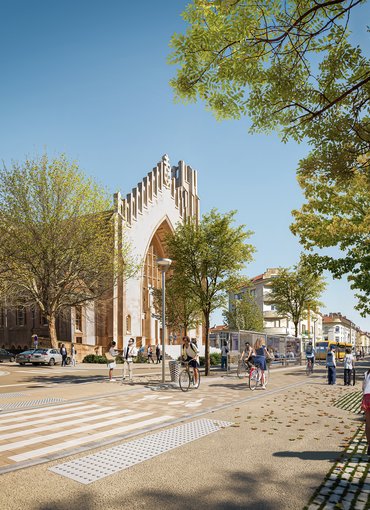 Le futur aménagement Mettis C devant l’église Sainte-Jeanne-d’Arc à Montigny-lès-Metz.