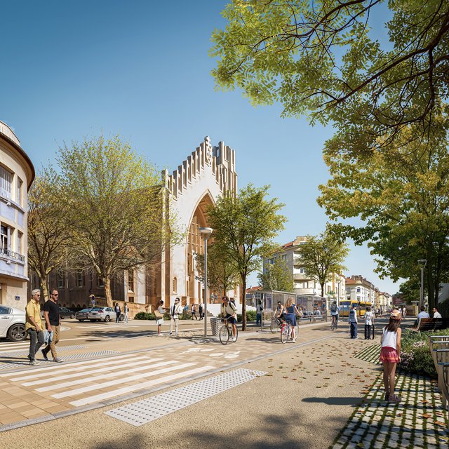 Le futur aménagement Mettis C devant l’église Sainte-Jeanne-d’Arc à Montigny-lès-Metz.