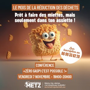 Affiche de la conférence "0 gaspi c'est possible" du vendredi 7 novembre  dans le cadre du mois de la réduction des déchets