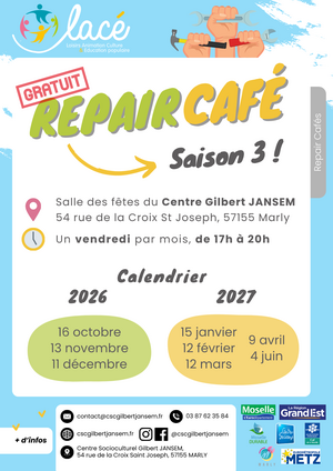 Affiche des repair cafe de marly en 2026 et 2027