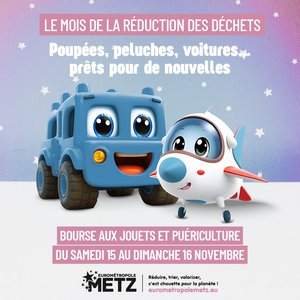 Affiche de la bourse aux jouets et puériculture du samedi 15 au dimanche 16 novembre dans le cadre du mois de la réduction des déchets