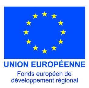 Logo FEDER - drapeau européen (étoiles en cercles sur fond bleu). Ecrit en dessous : Union Européenne Fonds européen pour le développement régional