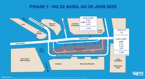 Plan des arrêts de bus pendant les travaux du pole multimodal phase1 - retranscription ci-dessous/ci-contre