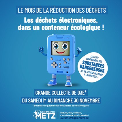Affiche de la grande collecte de D3E du samedi 1er au dimanche 30 novembre dans le cadre du mois de la réduction des déchets