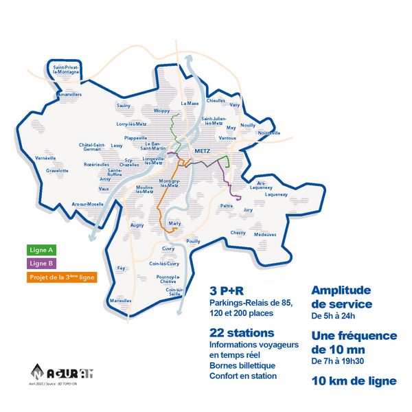 Cartographie, plan global des tracés de METTIS (ligne A, ligne B et projet de 3e ligne). 3 P+R de 85 places, 120 et 200 places. 22 stations informations voyageurs en temps réel, bornes billettiques et confort en station. Amplitude de service de 5h à 24h. Une fréquence de 10mm de 7h à 19h30. 10 km de ligne