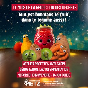Affiche de l'atelier recettes anti-gaspi, dégustation et lactofermentation du mercredi 19 novembre  dans le cadre du mois de la réduction des déchets