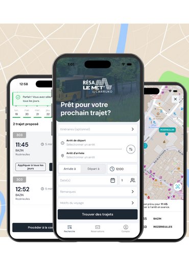 Mise en scène d'écrans de téléphone avec la nouvelle application du réseau Le Met" affichés.