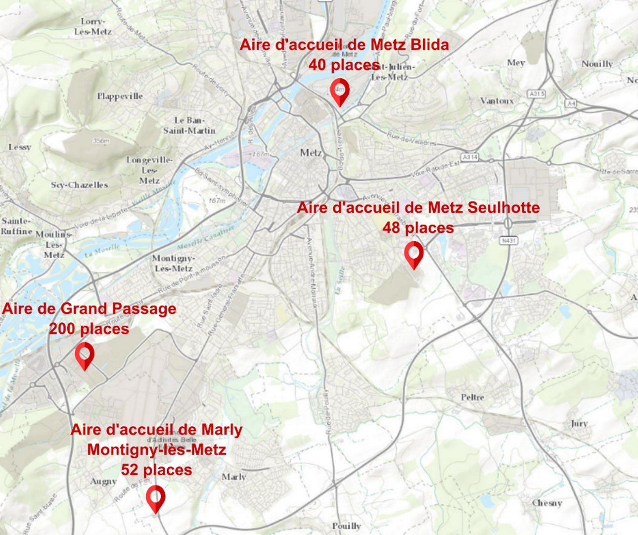 Localisation des aires d'accueil des gens du voyage dans l'eurométropole de Metz
