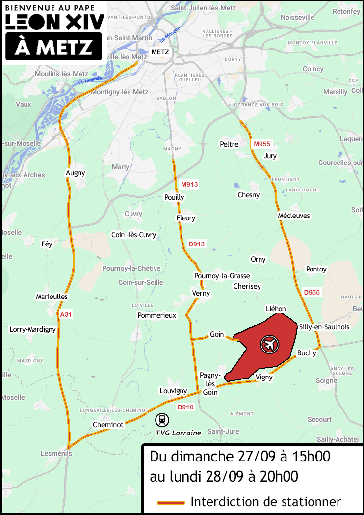 Carte stationnement à Metz pour la venue du pape le 28 septembre 2026